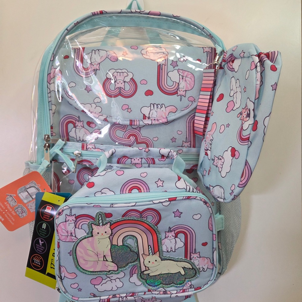 Wonder Nation 4-Piece Caticorn Rainbow Backpack Set 17 Inch Blue NEW - Picture 2 of 7